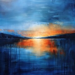 abstract painting of a blue and orange sunset over a serene lake - obrazy, fototapety, plakaty