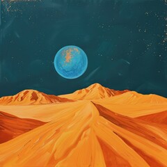 An artistic depiction of a blue moon rising over an orange desert evoking mystery and warmth