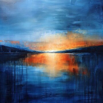 abstract painting of a blue and orange sunset over a serene lake