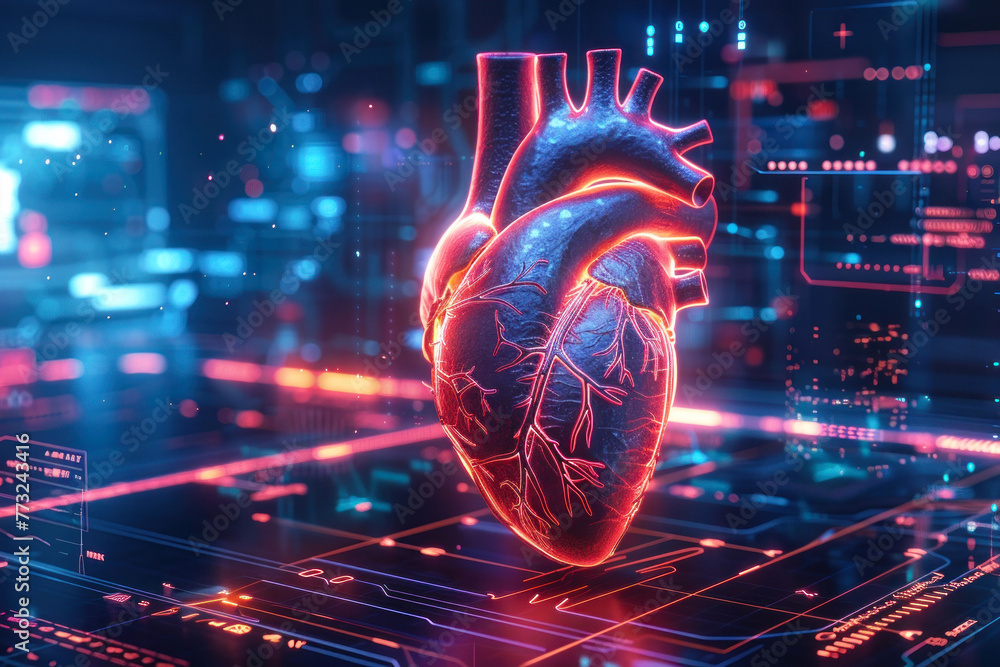 Poster a futuristic depiction of a human heart with digital data and diagrams surrounding it in a cyberneti