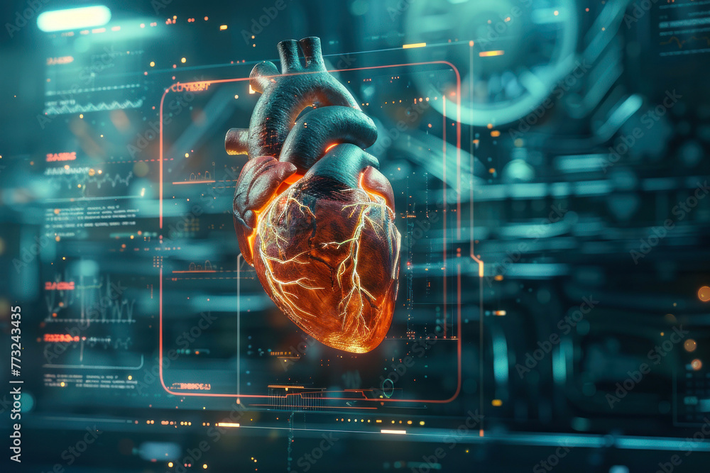 Poster this 3d digital rendering features a highly detailed human heart model surrounded by medical data an