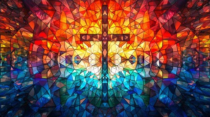 A mosaic glass cross is central in this artwork, with a radiant light effect symbolizing hope and resurrection. - obrazy, fototapety, plakaty
