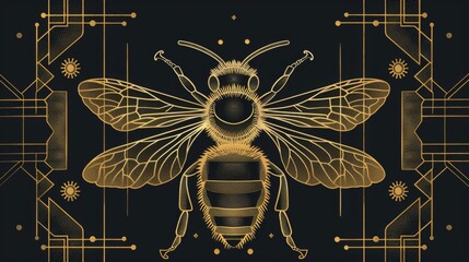 A bee rendered in the elegant Art Deco style, with golden lines and geometric shapes, evoking the luxury and glamour of the early 20th century. - obrazy, fototapety, plakaty