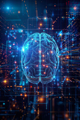 A blue circuitry human brain illustration overlays a data-rich digital background, emphasizing advanced neural networking technology