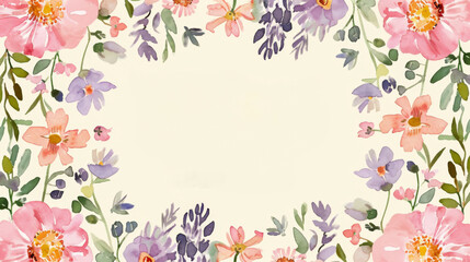 Obraz premium Elegant watercolor florals frame an open white space, ideal for heartfelt Mother's Day messages and thoughtful springtime invitations.