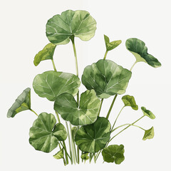 Green watercolor leaves illustration, pilea &ndash; botanical plant drawing on white background. Houseplant illustration