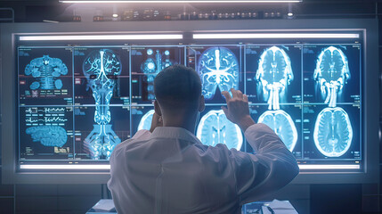 Doctor analyzing 3D medical scans on a futuristic display, innovative diagnostic tools