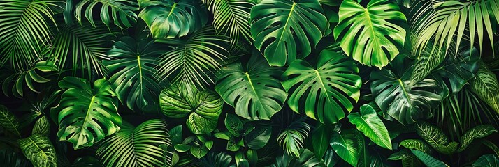 A dense, tropical tableau, where the lush green ferns are bathed in sunlight, creating a radiant display of color and contrast within the undergrowth. - obrazy, fototapety, plakaty