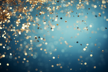 Golden flying sparkles on gblue holiday background. Festive backdrop for your projects.