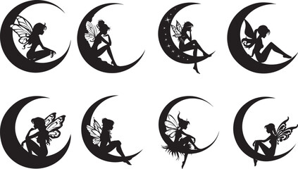 Silhouetted fairy sitting on crescent moon depicted in bold silhouette