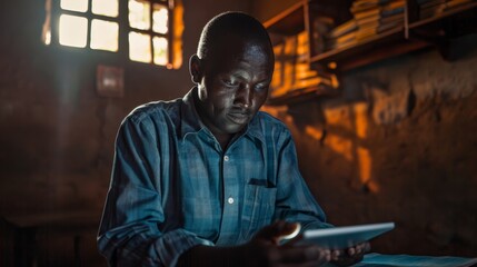 African Teacher Using Tablet in Classroom