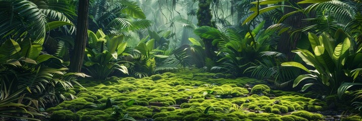 An elaborate display of tropical verdure, where sunlight and shadow play across the surface of green ferns, highlighting the depth and vibrancy of the forest floor. - obrazy, fototapety, plakaty