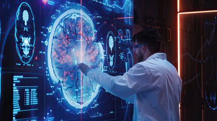 Doctor analyzing 3D medical scans on a futuristic display, innovative diagnostic tools