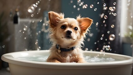 a, adorable, little, dog, paws, up, tub's, bubbles, enjoying, bubble, bath, pet, washing, domestic...