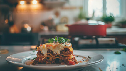 Lasagna on a plate on a table in a cafe
