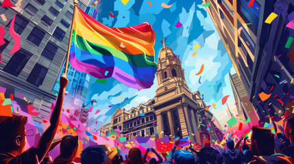 A detailed illustration of the Pride flag being raised over a city hall - obrazy, fototapety, plakaty