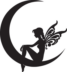 Silhouetted fairy sitting on crescent moon depicted in bold silhouette