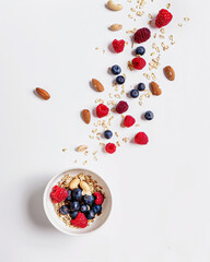 White bowl with flying cereals, nuts and berries
