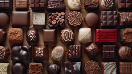 Sweet background filled with an assortment of chocolate pralines and chocolate bars. World...