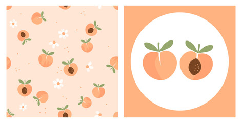 Seamless pattern with peach fruit, green leaves and white flower on orange background vector. Peach fruit icon sign vector.