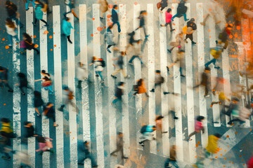 Busy urban crosswalk scene with blurred figures walking across the street in a city