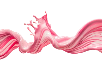 Poster Strawberry milk swirl splash with little bubbles isolated on  background, pink water liquid wave, yogurt milk shake spatter, cosmetic face cream or lotion. © TANATPON