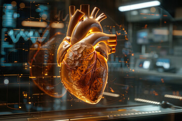 An image of a human heart realistically suspended and illuminated in a virtual, high-tech environment