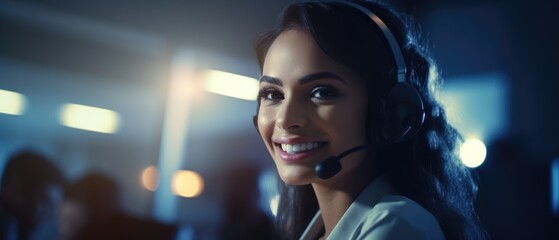 call center women smiled working and providing service with courtesy and attention front of laptop with blurred team background