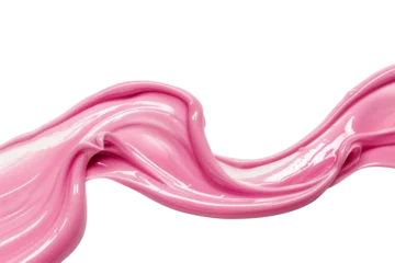 Küchenrückwand glas motiv Strawberry milk swirl splash with little bubbles isolated on  background, pink water liquid wave, yogurt milk shake spatter, cosmetic face cream or lotion. © TANATPON