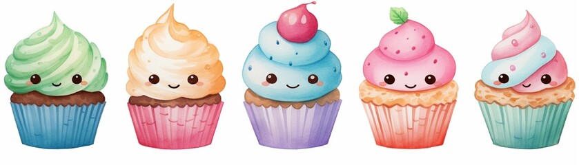 Watercolor illustration clipart of kawaii cupcakes with smiling faces single object