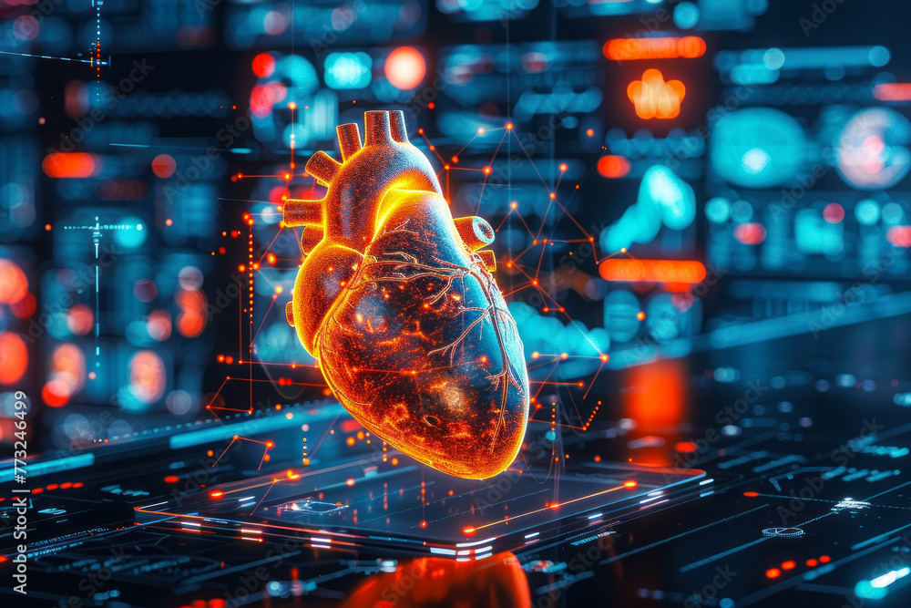 Poster a visually striking 3d digital image of a human heart with pulsating lights and data-themed backdrop