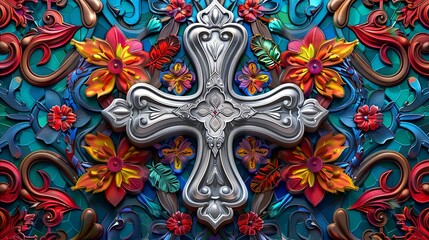 Fototapeta premium Vibrant stained glass window depicting a cross, symbolizing faith and spirituality, illuminating colors within a church setting.