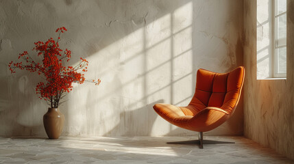 Minimalist Interior with chair in Peach Fuzz color with blank wall for layouts. Cozy wicker chair...