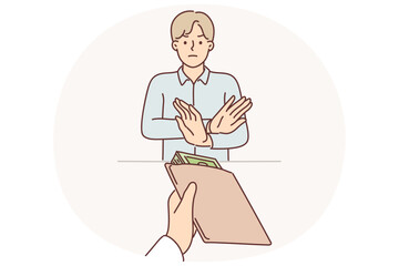 Man official shows stop gesture refusing to take bribe and does not want to become corrupt placeman