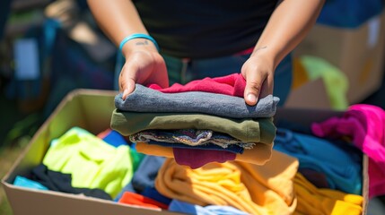 Volunteer Hands Sorting Colorful Clothes from Donation Box
