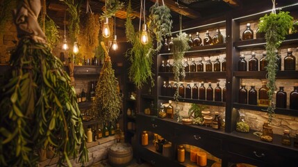 A magical herbal apothecary interior with drying herbs and dark shelves filled with mysterious bottles, invoking a sense of nature's healing power. - obrazy, fototapety, plakaty