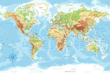 World Map - Highly Detailed Topographic Relief Vector Map of the World. Ideally for the Print Posters - obrazy, fototapety, plakaty