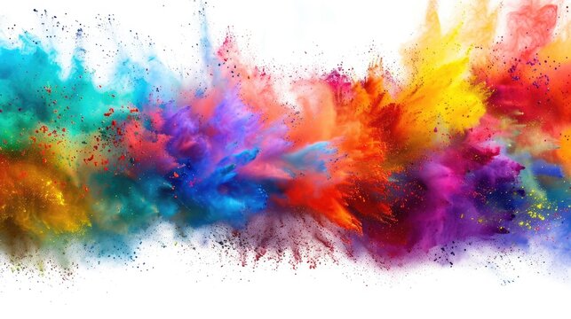 Сolorful rainbow holi paint color powder explosion isolated on white, panorama background with free place for text