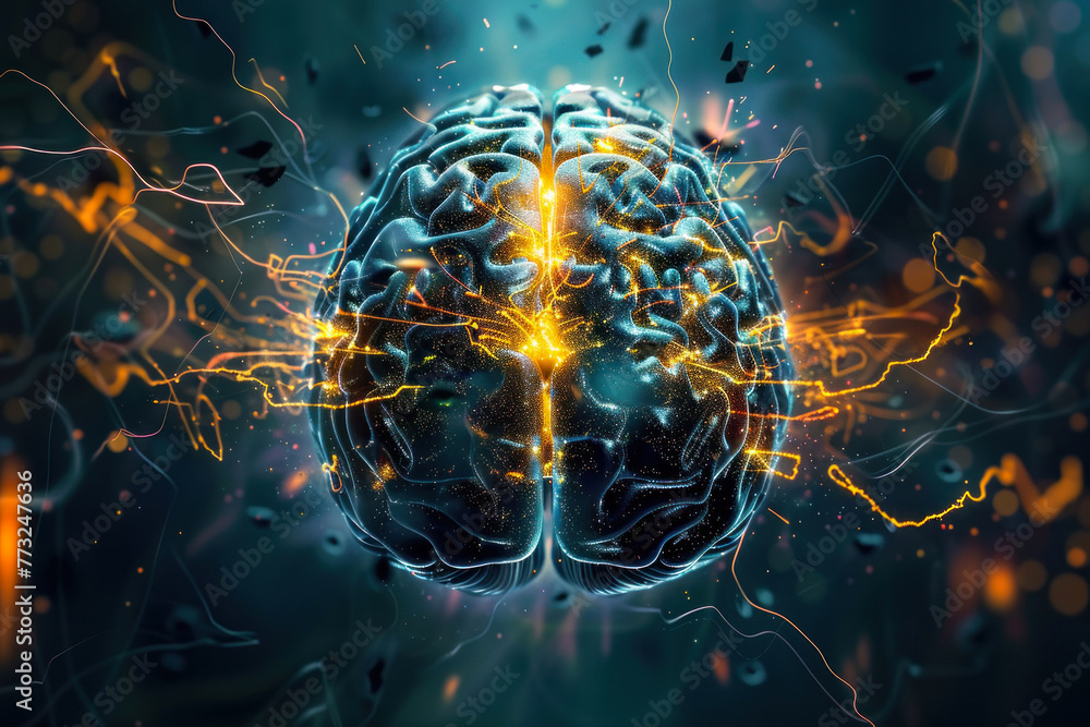 Poster electrifying art of a fully lit brain showcasing a high-energy depiction of cognitive functions like