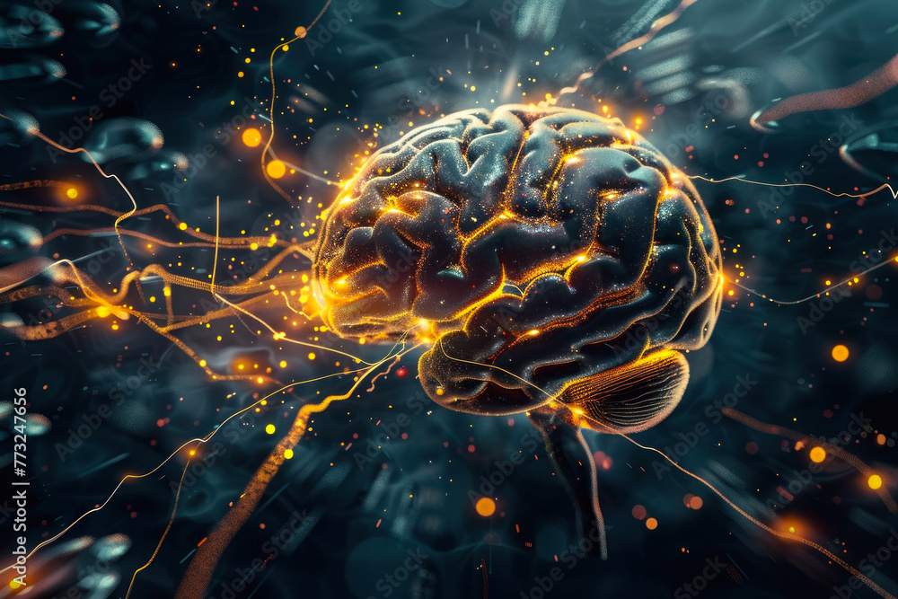 Poster this stunning image showcases a digitally enhanced brain with glowing neural connections symbolizing