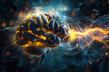 A visually striking image capturing a human brain surrounded by glowing electrical impulses, symbolizing thought, neural activity, and cognitive processes