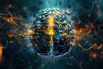 Electrifying art of a fully lit brain showcasing a high-energy depiction of cognitive functions like thinking and analyzing - obrazy, fototapety, plakaty
