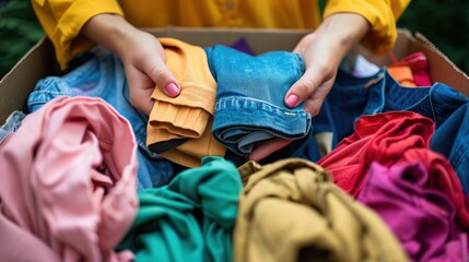 Fototapeta na wymiar Community Aid: Hands Sorting Through Clothing Box
