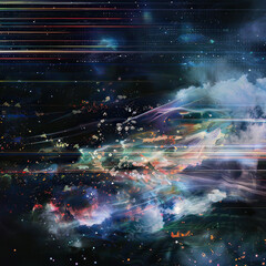 Ethereal nebulae merging with digital glitches, side space for imaginative text