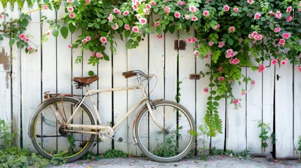 Fototapeta na wymiar A bicycle leaning against a fence adorned with flowering vines.