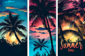 Set of summer tropical background with palms,sky and sunset