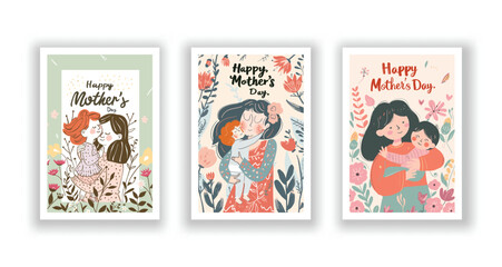 Mother's Day Card Set, Cute Vector Illustrations, Typography, and Wishes