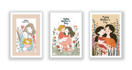 Mother's Day Card Set, Cute Vector Illustrations, Typography, and Wishes