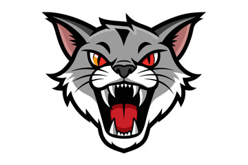 head of cat with open mouth and sharp teeth, isolated on clear white background