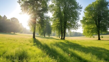 Fototapeta premium Landscape in summer with trees and meadows in bright sunshine
